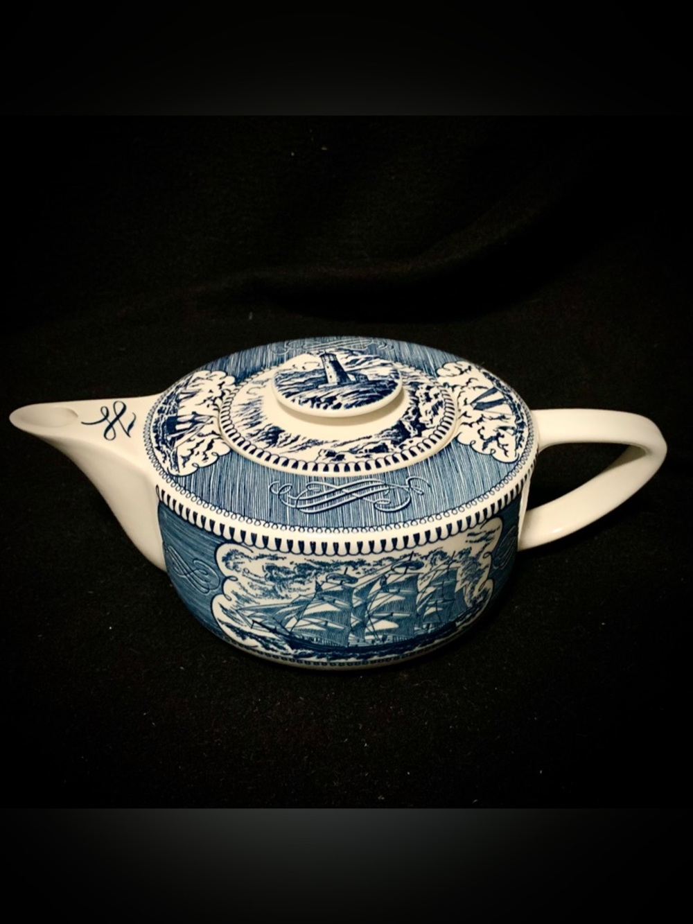 Vintage Currier & Ives Blue Royal China Teapot With Lid USA Replacement Piece